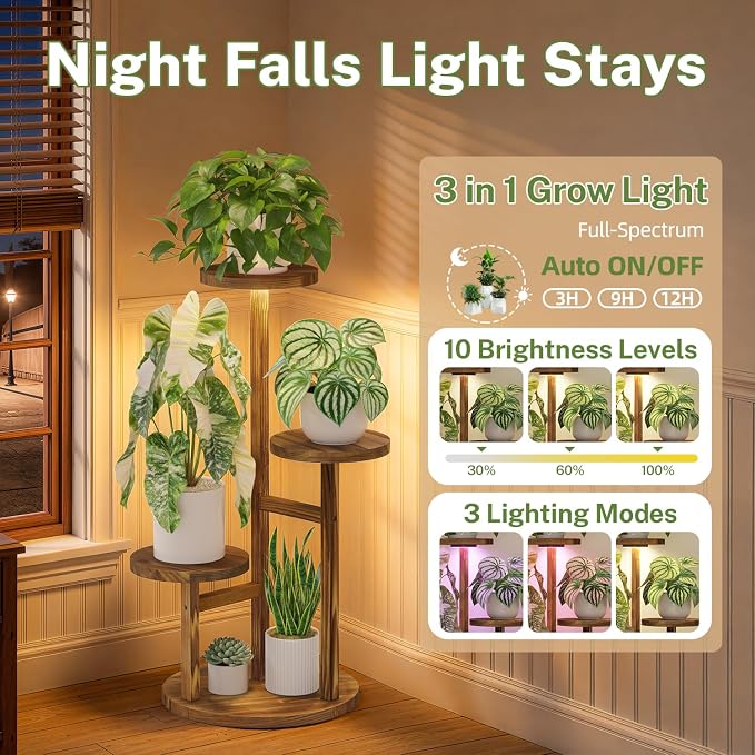 iDavosic.ly 3 Tier Plant Stand Indoor with Grow Light, Tiered Corner Wood Multiple Flower Holder Shelf, Tall Orchid Display Rack for Living Room Bedroom, Brown