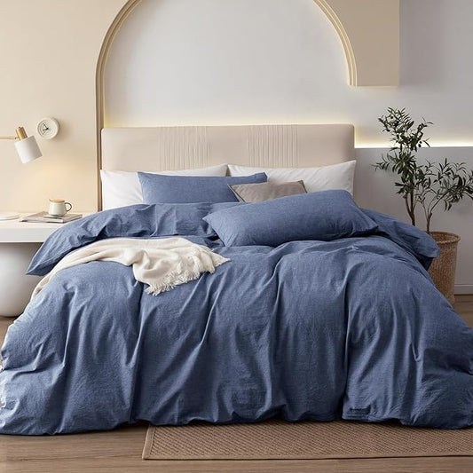 JIYUAN 100% Washed Cotton Duvet Cover Set 3 Pieces Full, 1 Duvet Cover 80x90 Inches(Comforter Not Included) and 2 Pillowcases,Linen Like Comfy and Breathable,Heathered Blue