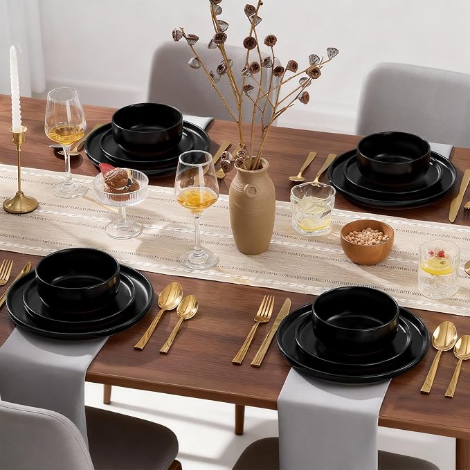 E-far 18-Piece Stoneware Plates and Bowls Sets, Dinnerware Sets for 6, Ceramic Dishware Dishes Set with Terracotta Base, Chip & Scratch Resistant, Microwave & Dishwasher Safe, Matte Black