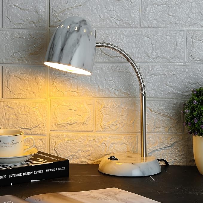 Eye-Caring Marble Table Lamp of Simple Designs Home E26Led Screw Basic Metal Desk Lamp with Flexible Gooseneck Hose Neck Study Lamp for Bedroom Office Living Room Convenient On/Off Switch