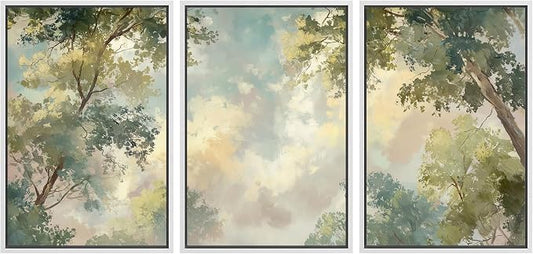 wall26 Framed Print Wall Art Set Soft Pastel Sky and Tree Canopy Abstract Nature Decorative Minimal Relax/Zen for Living Room, Bedroom, Office - 24"x36"x3 White