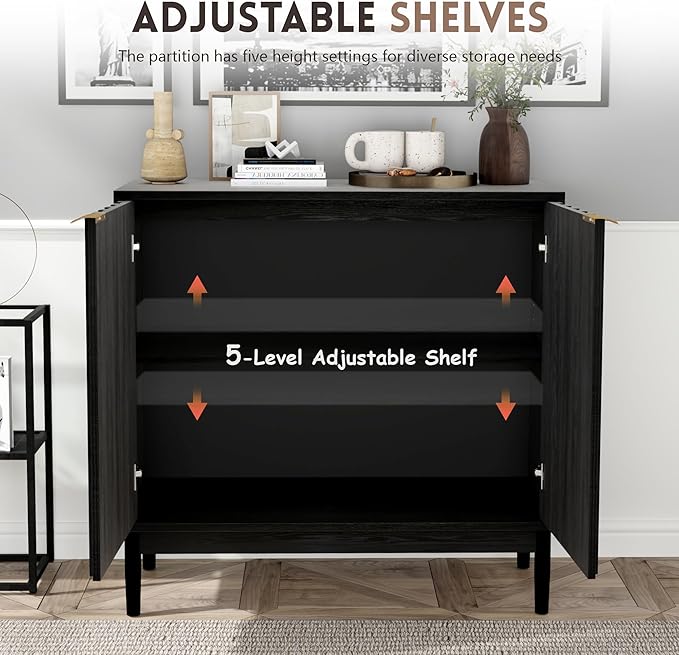 Fluted Cabinet with Storage, Buffet Cabinet Sideboard with Door, Kitchen Buffet Storage Accent Cabinets with Adjustable Shelves for Living Room, Entry, Hallway, Black