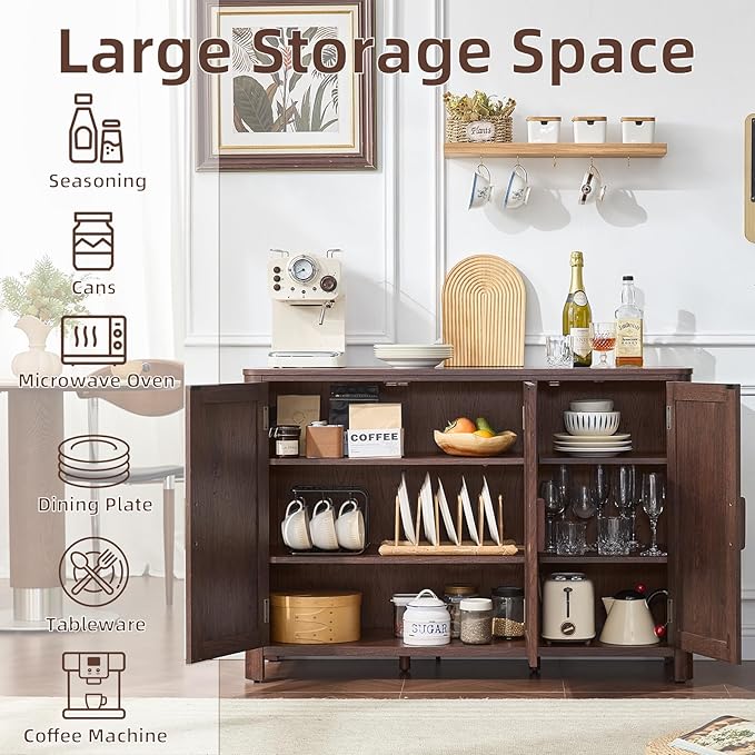 Sideboard Buffet Cabinet with Storage, 46" Arc-Shaped Credenza with 3 Doors & Adjustable Shelves, Mid Century Modern Coffee Bar Cabinet for Kitchen, Living Room, Entryway, Walnut