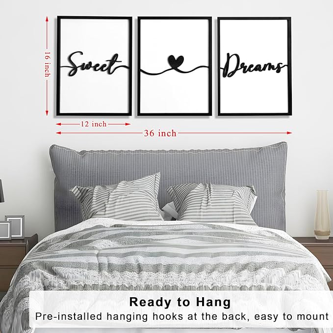 3D Wood Sweet Dreams Wall Decor Above Bed Decors, Bedroom Wall Art 36x16”, Black Wall Decor for Bedroom (12x16 inches, Set of 3, Framed)