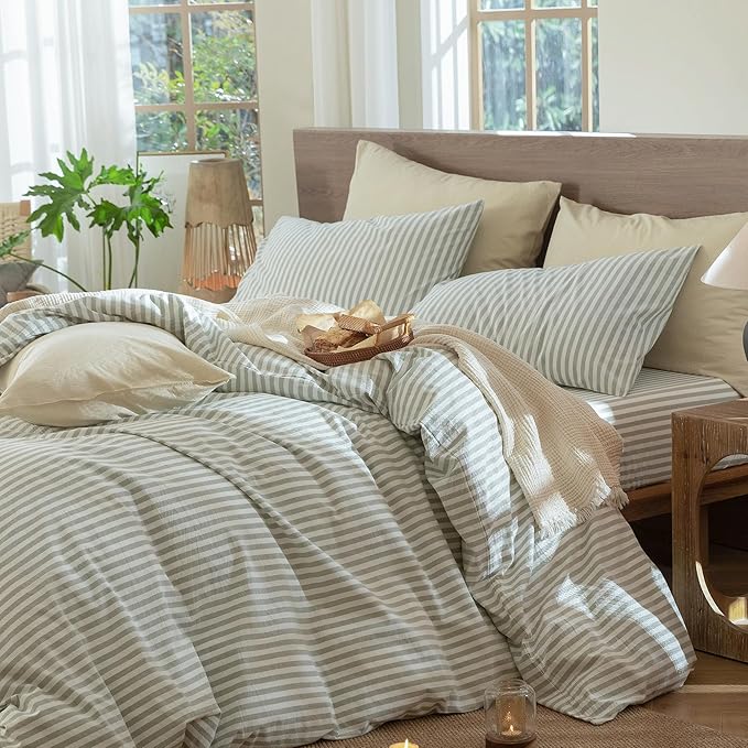 MooMee Striped Duvet Cover Set 100% Washed Cotton Linen Like Textured Breathable Durable Soft Comfy (Sage Green White Classic Stripes, Super Queen 90"x98")
