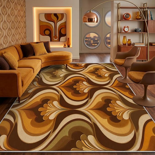 Retro 70s Area Rug 4x6, Mid Century Floral Geometric Rug, Burnt Orange Brown Vintage Carpet for Living Room Bedroom, Non-Slip Washable Area Rug