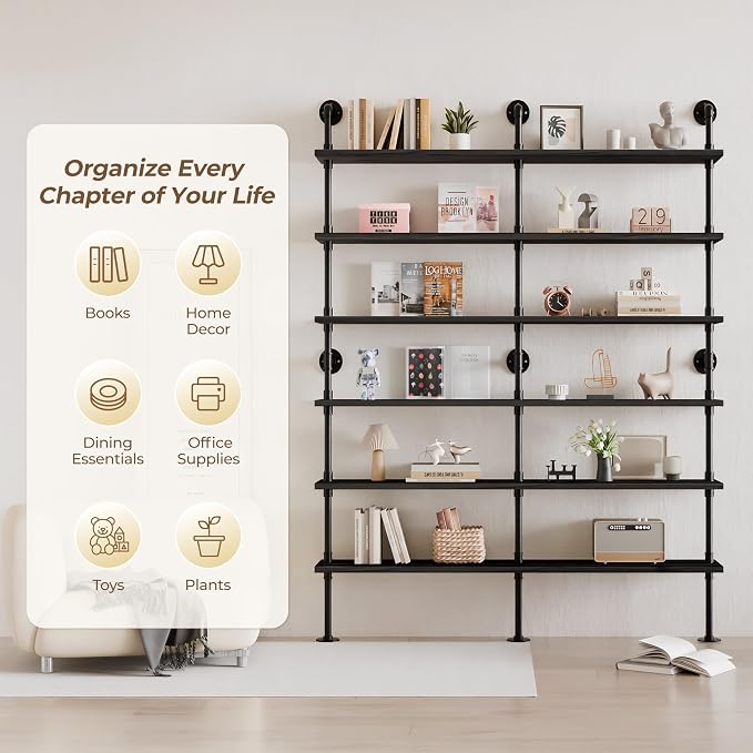 6 Tier Industrial Ladder Shelf Bookcase, Wall Mounted Rustic Bookshelf for Living Room Decor and Storage (Black, 6 Tier - 10" D x 70" W x 82.5" H)
