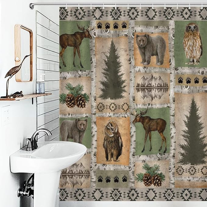 Vintage Bear Country Shower Curtains, Woodland Wildlife Paw Print Dried Branches Patchwork Waterproof Shower Curtains for Bathroom Decor 12 Pack Hooks 55x72in（140x183cm）