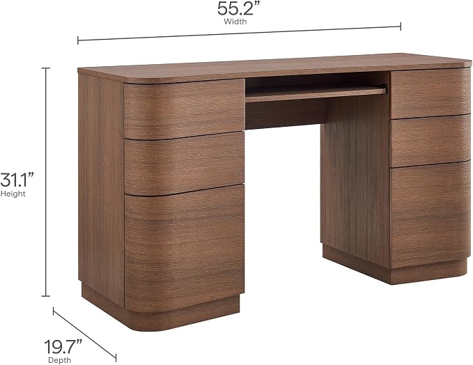 Modway Mirae 55 Inch Computer Desk with Drawers in Brushed Brown Oak – Modern Compact Office Desk with Keyboard Tray, Curved Edges, and 6 Storage Drawers for Bedroom, Dorm Room, or Vanity Setup