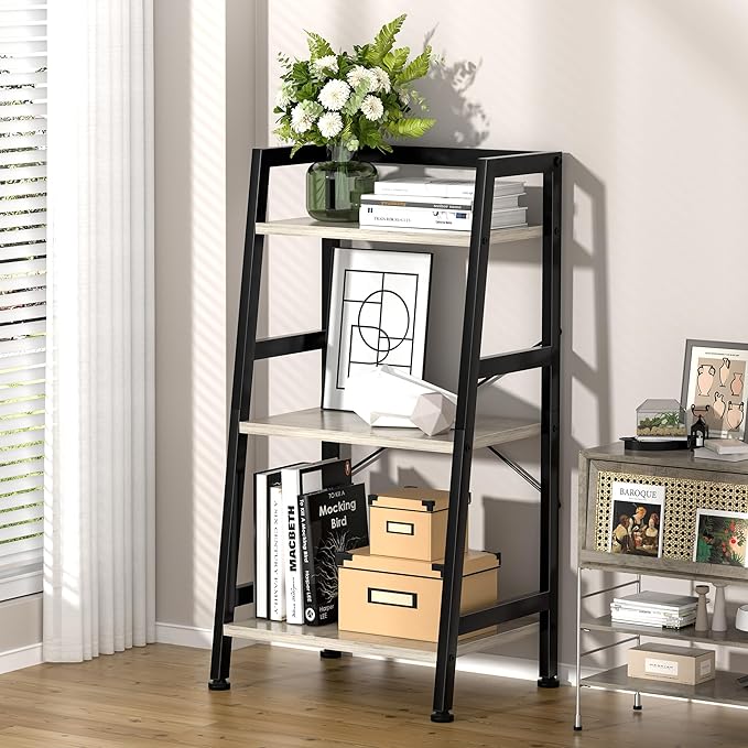 3-Tier Bookshelf, Ladder Shelf, Stand up Shelves, Industrial Bookcase with Steel Frame, Metal Small Bookcase, for Living Room, Home Office, Kitchen, Bedroom, Industrial Style（Greige & Black）
