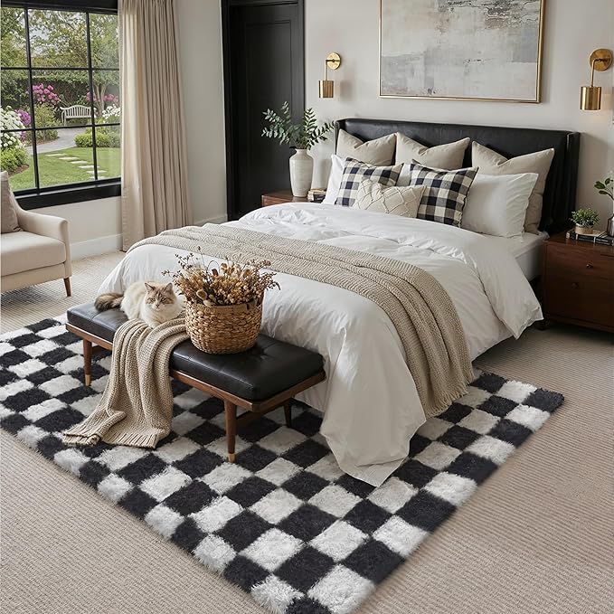 Checkered Rug 9x12 for Living Room, Black and White Modern Shag Super Soft Washable Fluffy Rugs Indoor Fuzzy Carpet for Bedroom Home Dorm Aesthetic Decor