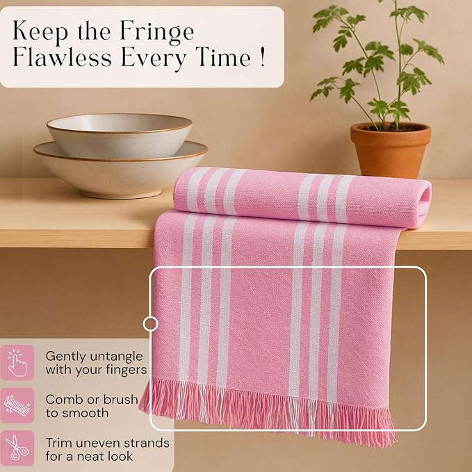 Prewashed Stripe Tea Towels 4 Pack, 16x26 Inches, Dish Cloths for Cooking and Cleaning, Quick Dry Kitchen Rags, Reusable Hand Towels for Drying Dishes and Surfaces - Rose Pink