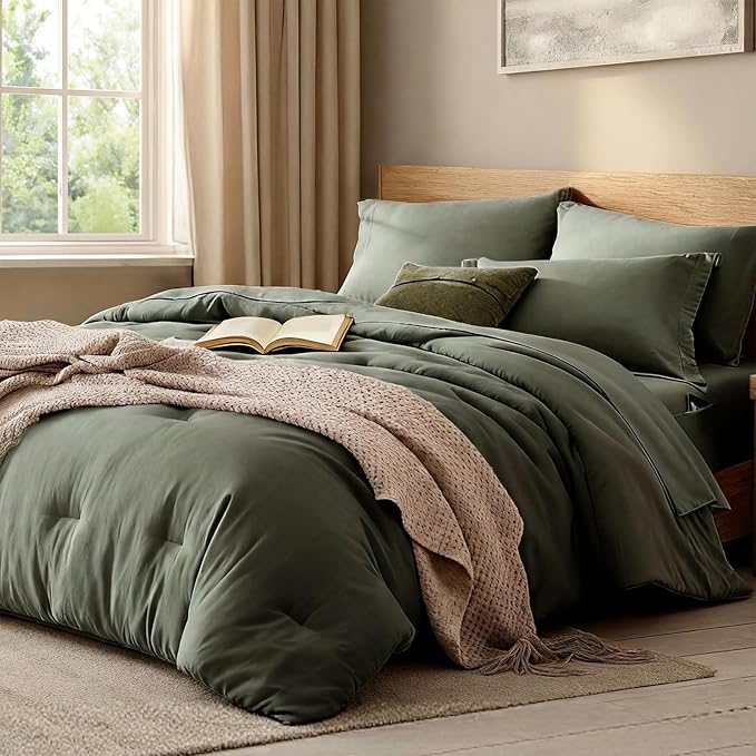 WRENSONGE Full Size Comforter Sets-7 Pieces Olive Green Bed in a Bag with Fitted Sheet, Flat Sheet, 2 Pillow Shams, 2 Pillowcases, Warm Bedding Sets for All Season