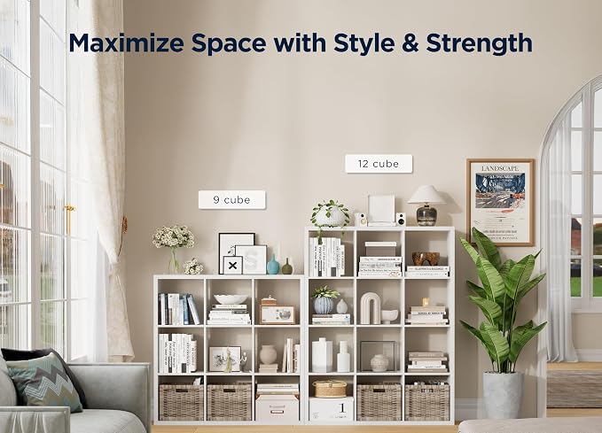 16-Cube Storage Organizer Bookcase, Thick Frame Wood Grain Storage Shelf, Rectangular Cube Open Back Display Unit, 48.8x9.4x48.8 Inches for Living Room, Bedroom, Home Office, White