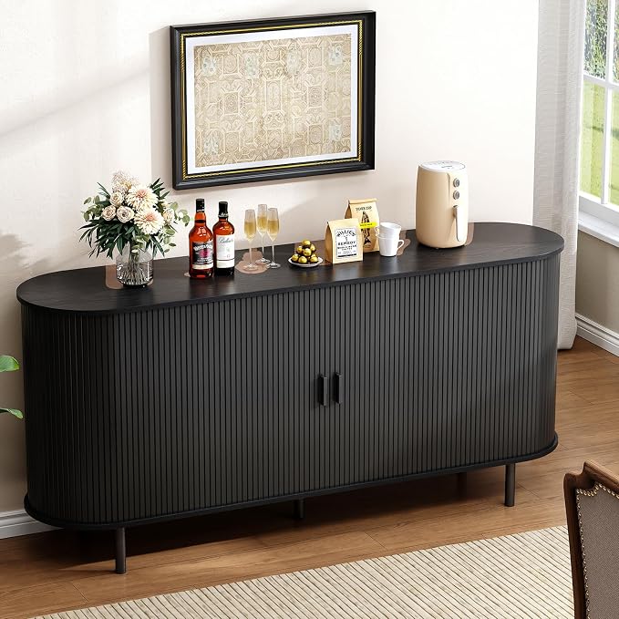 Buffet Cabinet with Storage, Fluted Sideboard Buffet with Sliding Door, Coffee Bar Cabinet with Adjustable Shelf, Console Table, Accent Table for Entryway, Kitchen (Black, 63 Inch)