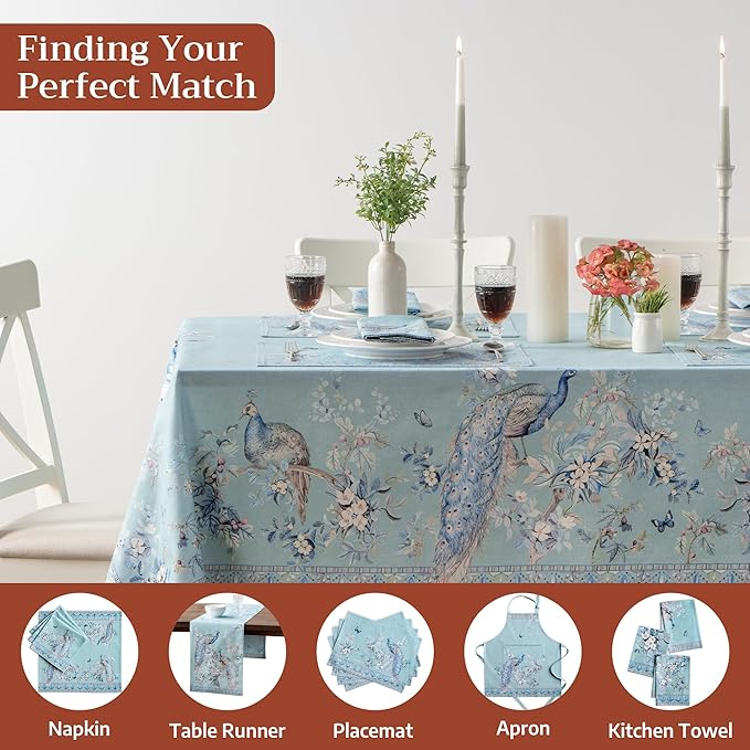 Maison d' Hermine Premium Table Cloth Rectangle Table 100% Combed Cotton 140 x 70 Inches Tablecloth Reusable Decorative for Dining Room Home Party Festive Wedding - Peacock Utopia - Pastel Turquoise