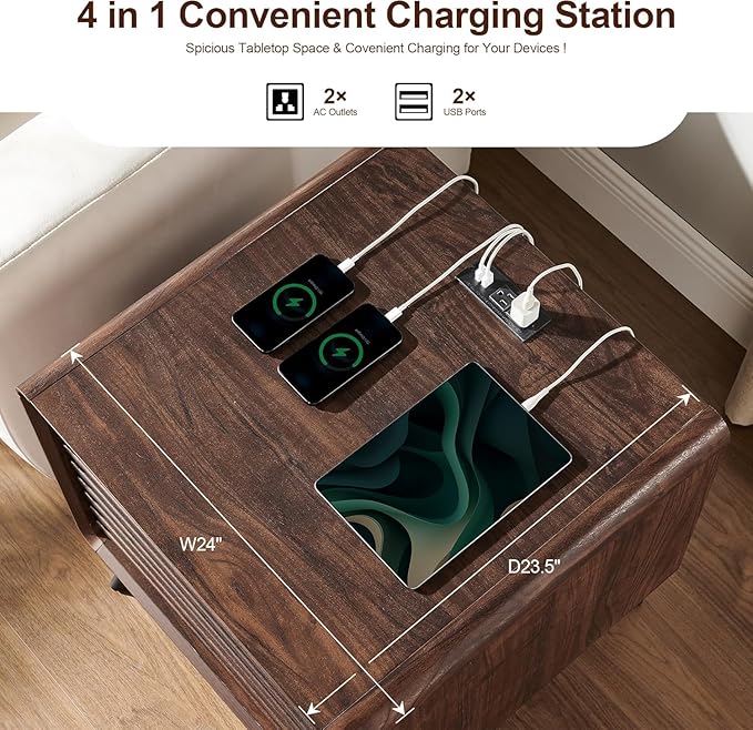 RedLemon 24" Nightstand Set of 2 with Charger Station, Mid Century Modern Fluted End Table with 2 Drawers, Wooden Side Table with Open Cubby Storage for Living Room, Bedroom, Office (Dark Walnut)