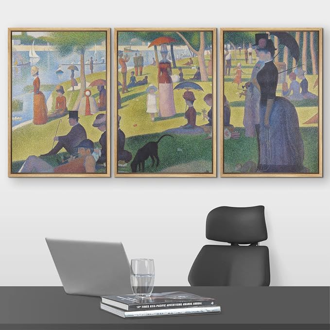 wall26 Framed Canvas Print Wall Art Set La Grande Jatte by Georges Seurat Cultural Historic Oil Painting Fine Art Reproduction Scenic Colorful for Living Room, Bedroom, Office - 24"x36"x3 Natural