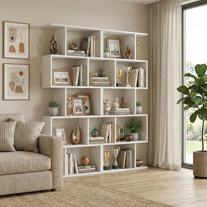 5-Tier Geometric Bookcase (Set of 2), 62.6" Tall S-Shaped Bookshelf & Room Divider, Modern White Freestanding Display Shelving Unit for Living Room, Hallway, Home Office