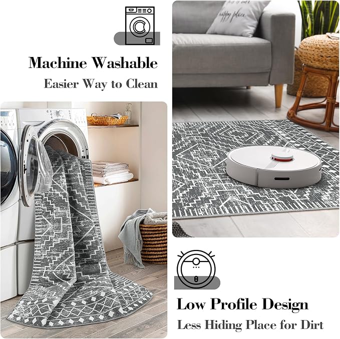 Wonnitar Moroccan 4x6 Area Rug, Washable Dark Gray Living Room Rug, Non-Slip Boho Rug for Bedroom, Farmhouse Non-Shedding Soft Indoor Carpet for Kitchen Entryway Mud Room (Dark Grey,4'x6')