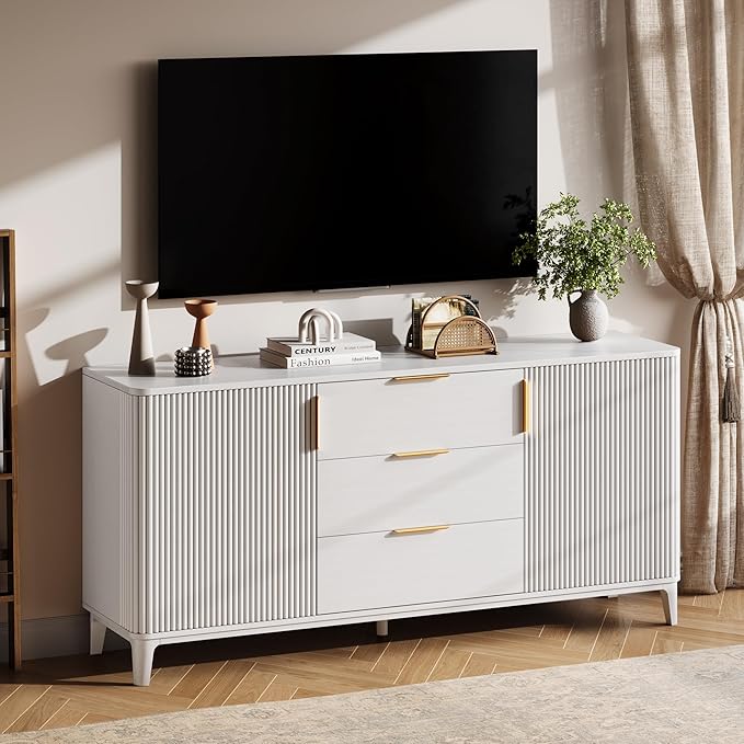 59" Fluted Sideboard Buffet Cabinet with 2 Doors and 3 Drawers, Large Modern Mid Century Buffet Table Coffee Bar Wine Bar Storage Cabinet with Adjustable Shelves for Dining Room, Living Room White