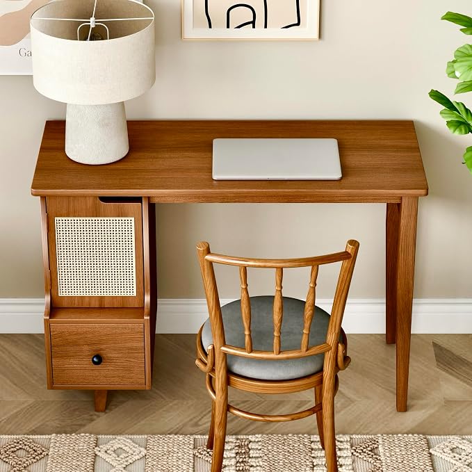 Vintage Style Desk with Storage Space and Drawer, Mid-Century Modern for Small Space