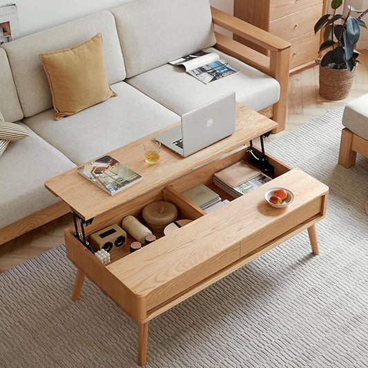 Lift-Top Coffee Table with Storage, Solid Oak Wood Mid-Century Modern Lift Coffee Table, 47 Inch Rectangular Coffee Table for Living Room, Dining, Work, and Games