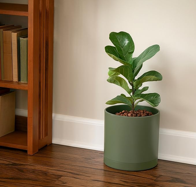 D'vine Dev 6.5 Inch 8 Inch 10 Inch, Set of 3 Plastic Planter Pots for Plants with Drainage Hole and Seamless Saucer, Olive, Large, 74-V-I-4