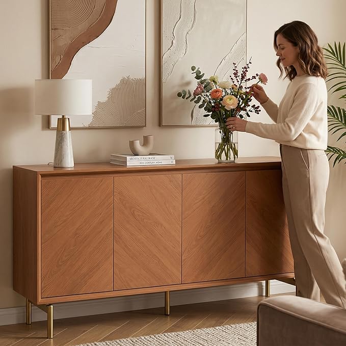 JOINICE Sideboard Cabinet with Storage, Mid-Century Modern Accent Cabinet | Chevron Pattern Credenza for living rooms, geometric door , gold-tone legs, dining room and entryway