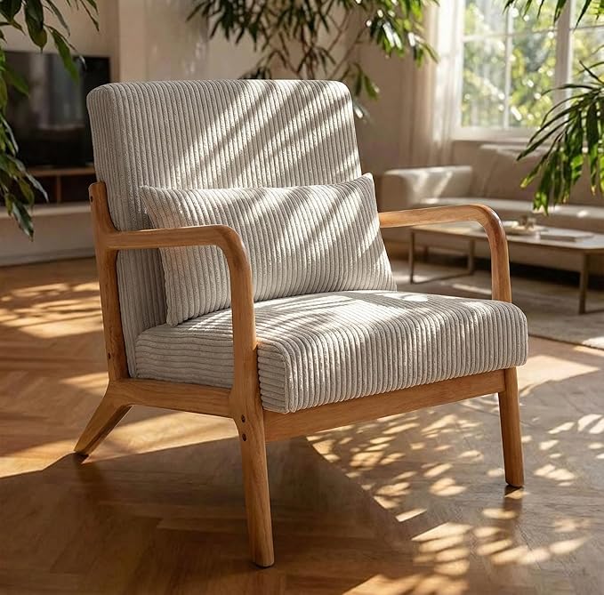 Mid Century Modern Accent Chair with Solid Rubberwood Frame, Comfy Corduroy Reading Armchair with Lumbar Pillow, Compact Lounge Chair for Bedroom, Living Room & Small Spaces, Ivory Cream