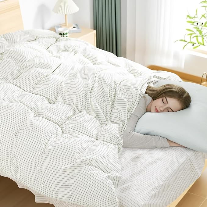 NEXHOME PRO Striped Duvet Cover Full Size,100% Washed Cotton Bedding Set,Textured Linen Feel,Breathable,Organic,3 Piece(Green Stripes 80x90)
