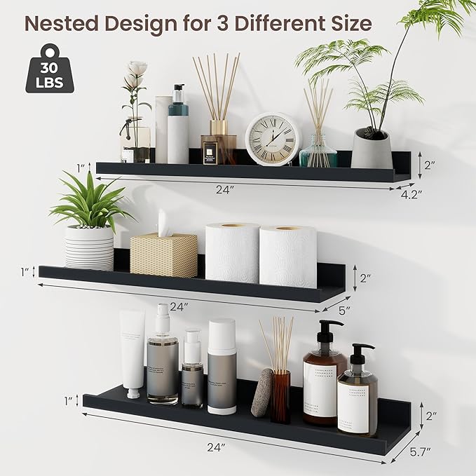 Axeman Picture Ledge Shelf | 24 Inch Black Floating Shelves Set of 3 | Rustic Wood Wall Shelves with Lip | 24" Black Picture Shelf for Wall with Ledge | Photo Shelves