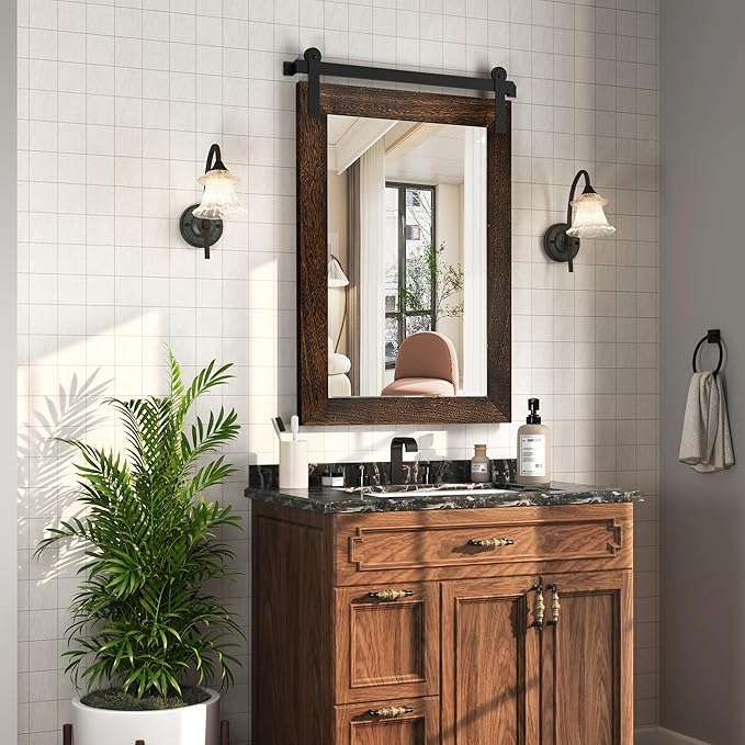 COGOOD Farmhouse Barn Door Mirror - 25 x 38 Rustic Bathroom Mirror for Living Room, Entryway, Vanity Wall Decor (Black Brown)