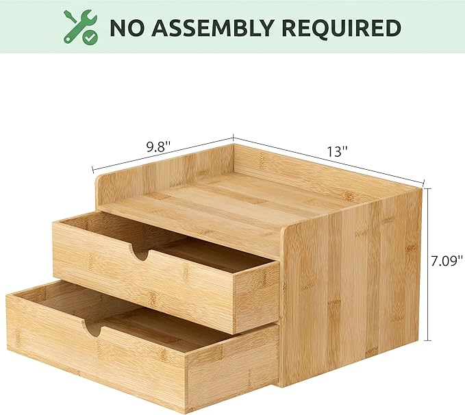 Desk Organizer with Drawers - Bamboo Desktop Organizer Storage | White-Natural Wood Desk Drawers Organizer for Bills, Office Supplies, Cosmetics, Seals No Assembly Required