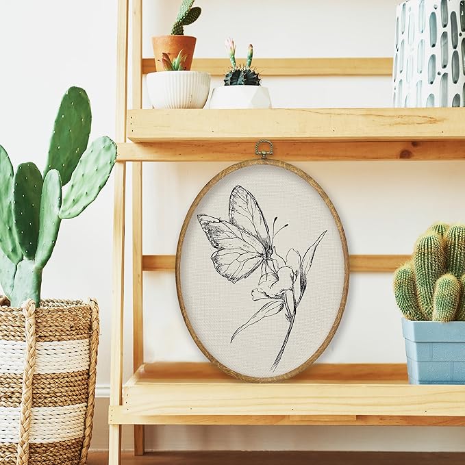 CGBHW Butterfly Floral Oval Wall Art Decor, Rustic Flora Canvas Prints Framed, Neutral Retro Farmhouse Botanical Wall Art Hanging Decor for Home Gallery Bedroom Living Room Decorations, 8.6x11.4 Inch