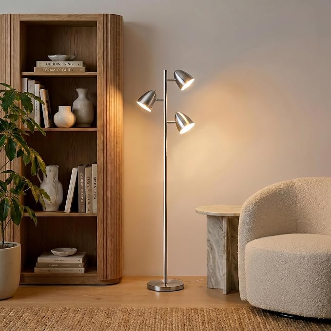 Brightech Jacob LED Standing Lamp, Modern Bright Floor Lamps for Living Rooms & Bedrooms, Tall LED Lighting Lamp with Adjustable 3 Light Tree – Satin Nickel