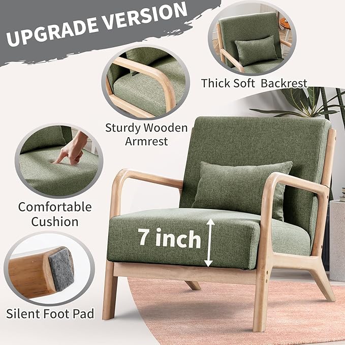 ANJ Mid Century Modern Accent Chair, Comfy Fabric Reading Chair with Solid Wood Frame, Easy Assembly Armchair for Living Room Blackish Green