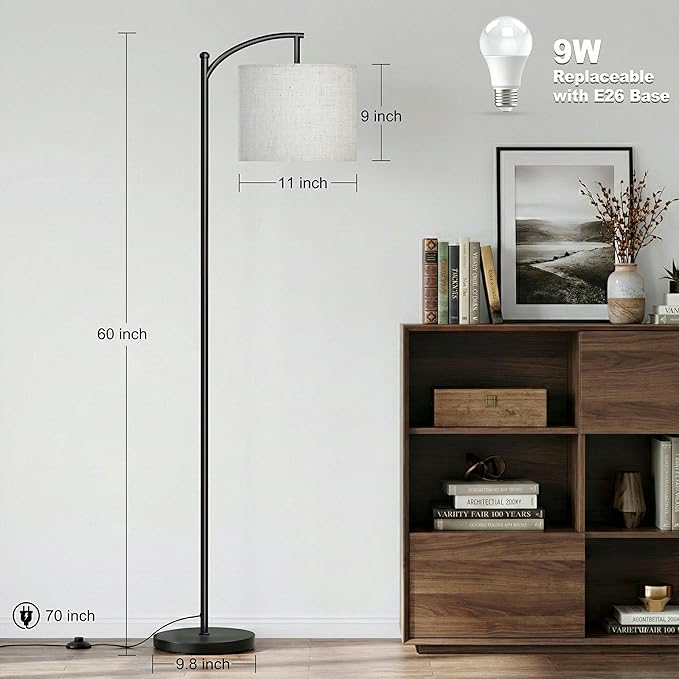 mukuxin Floor Lamp, LED Floor Lamp with Foot Switch & Adjustable Linen Lampshade, Tall Modern ARC Standing Lamps for Living Room Office Bedroom (9W Replaceable Blub)