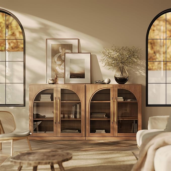 BELLEZE Set of 2 Modular Sideboard with Arched Glass Door, 65'' Accent Display Buffet Cabinet with Storage and Adjustable Shelves,Classic Modern Credenza for Dining Room Living Room Entryway (Camel)