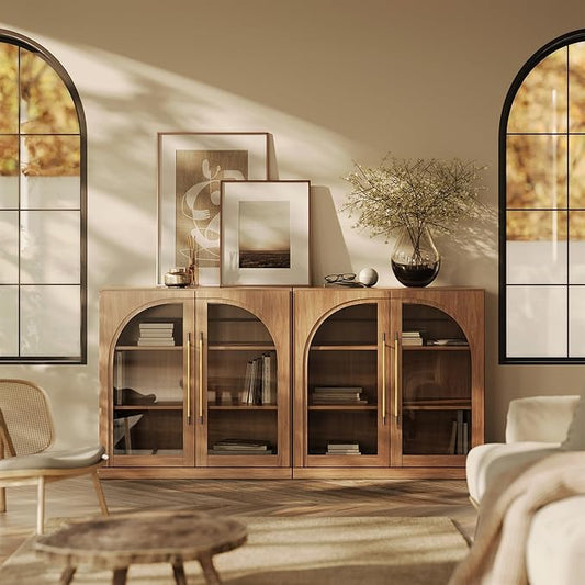 BELLEZE Set of 2 Modular Sideboard with Arched Glass Door, 65'' Accent Display Buffet Cabinet with Storage and Adjustable Shelves,Classic Modern Credenza for Dining Room Living Room Entryway (Camel)