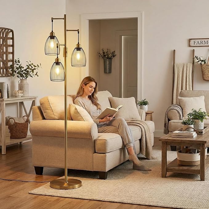 Dimmable Floor Lamp, Industrial Floor Lamps for Living Room, Antique Brass Tree Lamp Standing Lamp Tall Lamps with 3 Elegant Teardrop Cage Head & 800 Lumens LED Bulbs for Living Room Bedroom Office