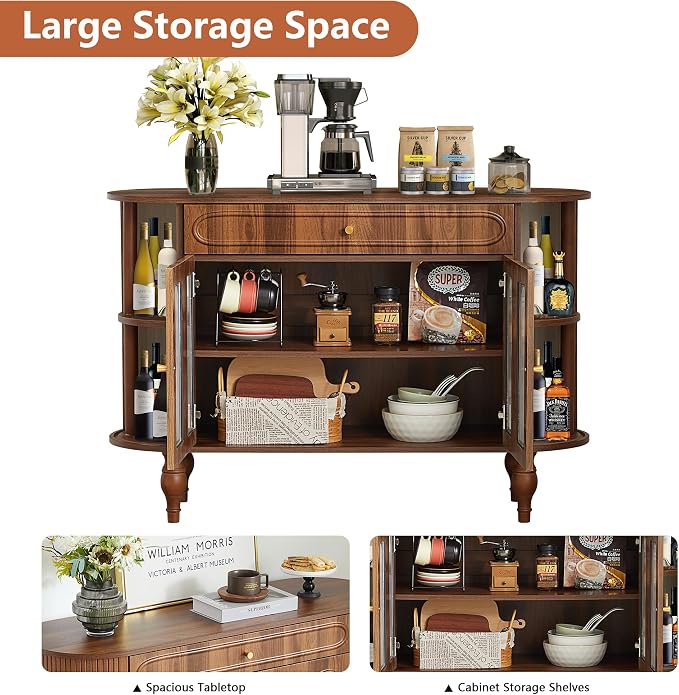 XUZENEST 47'' Fluted Sideboard Buffer Cabinet with Drawer, Modern Credenza Storage Cabinet, Bar Cabinet Console Table with Tambour Sliding Side for Living Dining Room Kitchen Hallway Entryway, Walnut