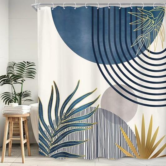 KOMLLEX Mid Century Boho Shower Curtain for Bathroom Decor 72Wx78H Inches Navy Blue Gray Abstract Modern Minimalist Arch Leaves Geometric Neutral Fabric Waterproof Polyester 12 Pack Hooks Pack Hooks