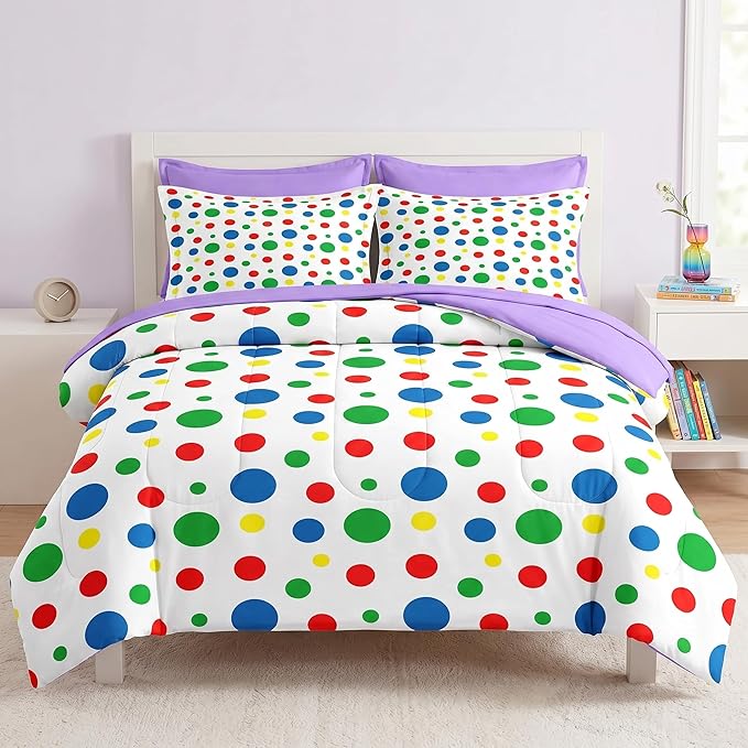 Nesker Comforter Set Twin Size, Rainbow Green Red 5 Pcs Bedding for Kids and Adults, Blue Yellow Polka Dot Bed Sheet Sets with Fitted Sheet Pillowcase & Sham