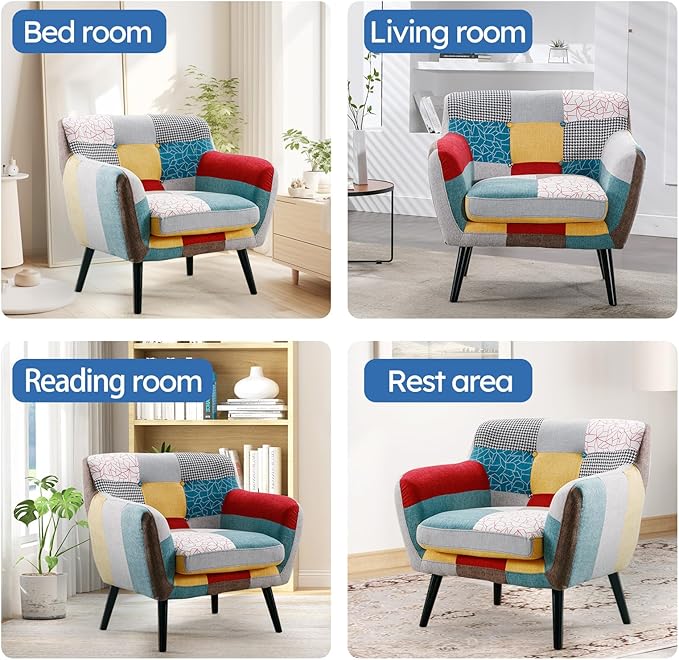 Bonzy Home Modern Oversized Accent Chair for Living Room, Colorful Boho Linen Fabric Upholstered Armchair with Wood Legs, Single Chair