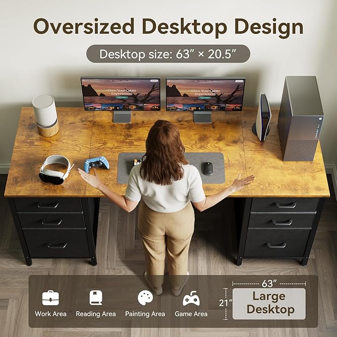 ODK 63 inch Computer Desk with File Drawers Cabinet, Modern Office Desk with Large Storage for Home Office, Study, Gaming, Vintage