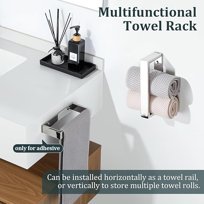Sayayo Chrome Towel Bar for Bathroom Wall, 8 Inch Hand Towel Holder, Screw or Self Adhesive Towel Ring Square SUS304 Stainless Steel, 3.2 Inch Wider Design