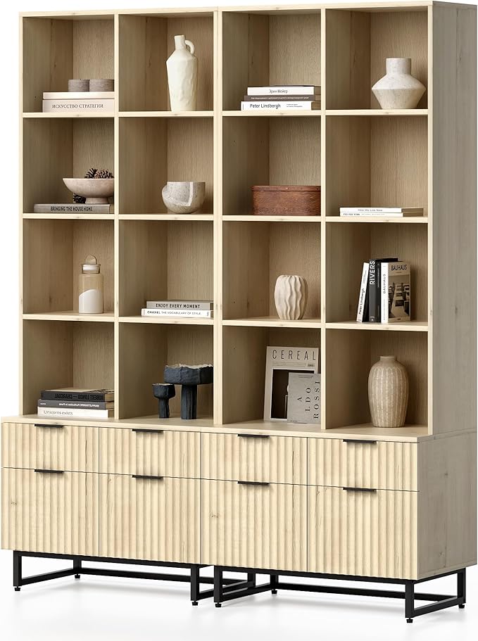 Tall Fluted Bookshelves with Drawers Set of 2, 71" Tall Bookcases 4 Tier Display Cabinet with Storage Floor Standing, Versatile Modern Large Book Shelf for Home Office Living Room (Light Oak)
