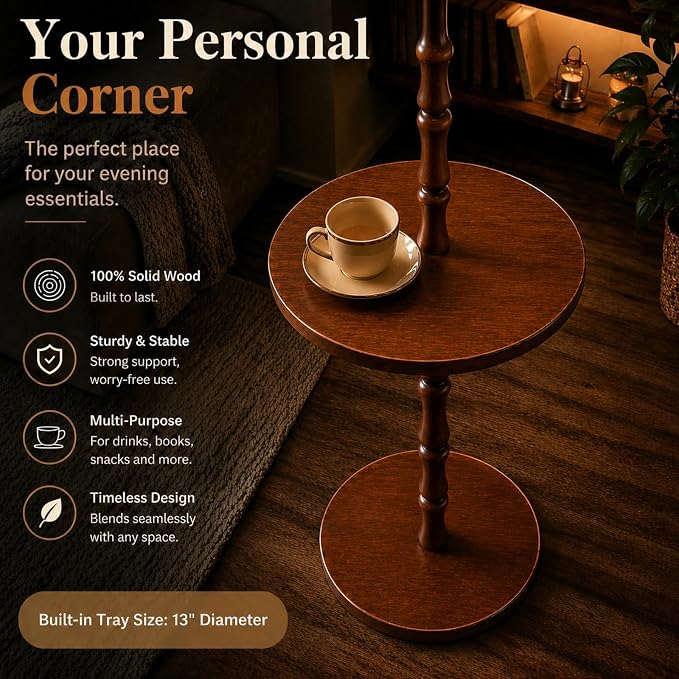 Real Wood Floor Lamp with Built-in Tray, Remote Control, Adjustable Brightness & 3 Color Temperatures, Dimmable Standing Lamp for Living Room, Bedroom, and Office – Easy Setup(Light Walnut)