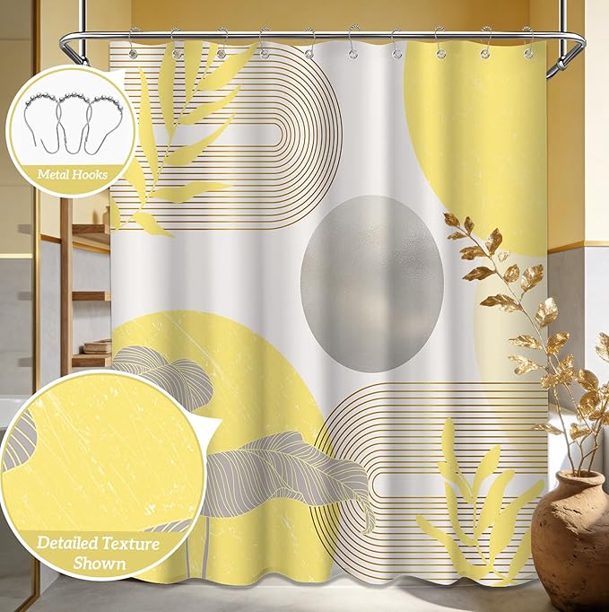 Mustard Yellow and Grey Shower Curtain Light Yellow and Gray White Shower Curtains for Bathroom Decor Abstract MCM Bath Curtain Set, Waterproof Fabric with Hooks 60 x 72 Inch